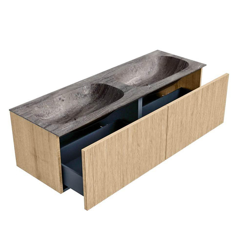 MONDIAZ KURVE-DLUX Meuble de salle de bains 140cm couleur Oak avec 2 tiroirs et 0 portes. Lavabo STOR SMALL Double 2 trous de robinet Oza. SW1432689