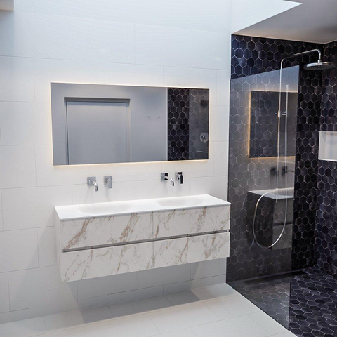 MONDIAZ VICA Ensemble de meuble salle de bain - 150cm - 4 tiroirs - lavabo Moon double - 0 trou de robinet - solid surface marbre carrara SW410322