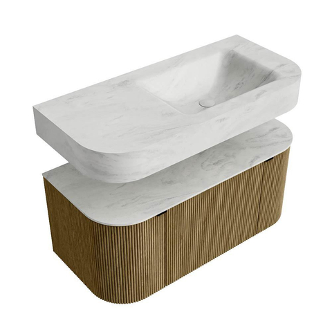 MONDIAZ THOR-DLUX 100cm meuble de salle de bains arrondi gauche + droite couleur Dusk avec 1 tiroir et 2 portes. Vasque suspendue CLOUD droite sans trou de robinet couleur Opalo. SW1467406