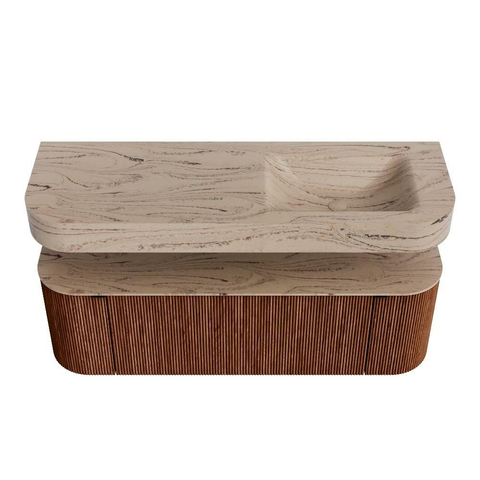 MONDIAZ THOR-DLUX 140cm meuble de salle de bains arrondi gauche + droite couleur Ruby avec 1 tiroir et 2 portes. Vasque suspendue CLOUD Droite 1 trou de robinet couleur Arena. SW1464484