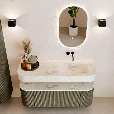 MONDIAZ THOR-DLUX Meuble de salle de bains - 130cm - arrondi gauche + droite - couleur Shadow - 1 tiroir - 2 portes - Vasque suspendue CLOUD Droite sans trou de robinet - couleur Ostra SW1463782