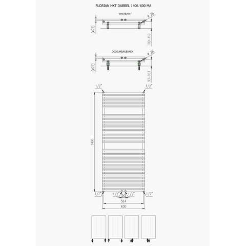 Plieger Florian Nxt M radiateur design double horizontal avec raccordement central 1406x600mm 1153W blanc 7255239
