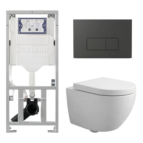 Pack WC QeramiQ Dely Swirl Compact - réservoir encastrable Geberit UP320 - avec bâti-support Burda - abattant 25 mm - plaque de commande en plastique anthracite mat - boutons rectangulaires - blanc mat SW1595674