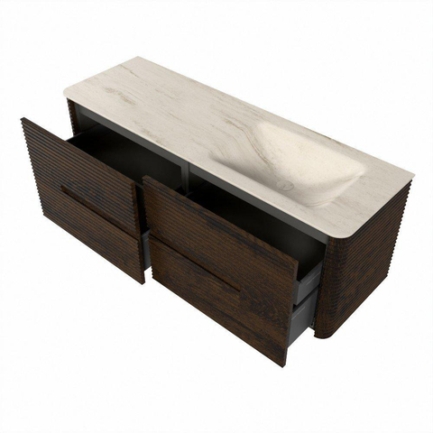 Mondiaz CIRO-DLUX Meuble de salle de bains - 140x45x50cm - Plan-vasque en solid surface Meli - 1 vasque à droite - 1 trou de robinetterie - 4 tiroirs - Noyer SW1530482