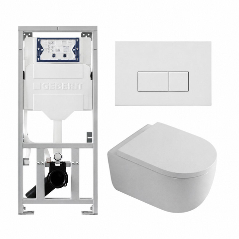 QeramiQ Dely Swirl Ensemble WC- 36.3x51.7cm - Réservoir encastré Geberit UP320 - Abattant de 35mm - Plaque de commande en métal blanc mat - Boutons rectangulaires - Blanc brillant SW1138650