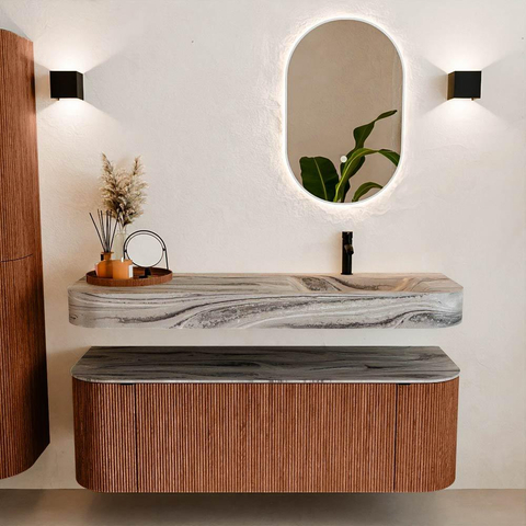 MONDIAZ THOR-DLUX 140cm meuble de salle de bains arrondi gauche + droite couleur Ruby avec 1 tiroir et 2 portes. Vasque suspendue CLOUD Droite 1 trou de robinet couleur Sombra. SW1464233