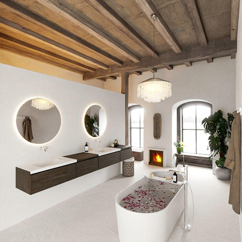 MONDIAZ BUKLA 280cm ensemble de meuble avec module 60 gauche couleur Marron Foncé avec 4 tiroirs. Lavabo CLOUD double 0 trou de robinet couleur Talc. SW1382327