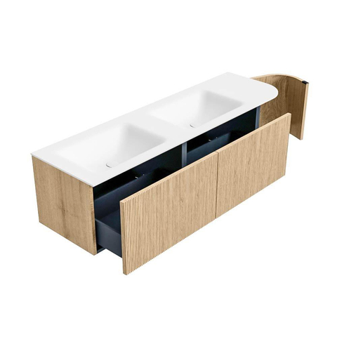 MONDIAZ KURVE Meuble de salle de bains 155 cm avec module 25 R couleur Oak avec 2 tiroirs et 1 porte. Lavabo CLOUD double / gauche sans trou de robinet Talc. SW1138227