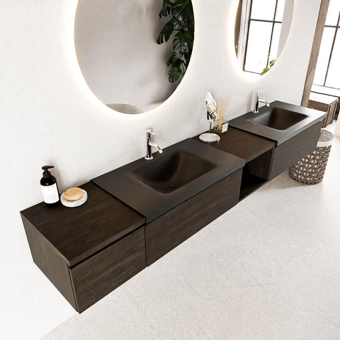 MONDIAZ BUKLA 240cm ensemble de meuble avec module ouvert 40 à droite couleur Marron Foncé avec 3 tiroirs. Lavabo CLOUD double 2 trous de robinet couleur Urban. SW1382257