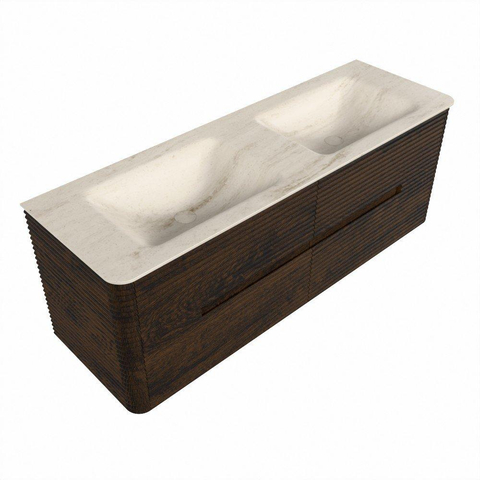 Mondiaz CIRO-DLUX Ensemble meuble de salle de bains - 140x45x50cm - Plan-vasque en solid surface Meli - 2 vasques double - 2 trous de robinetterie - 4 tiroirs - Noyer SW1530525
