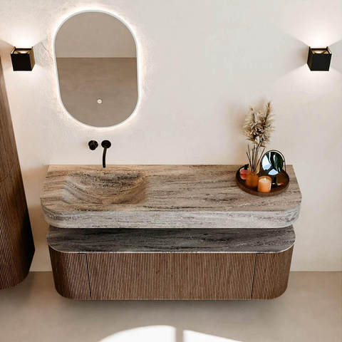 MONDIAZ THOR-DLUX 150cm badmeubel ronding links + rechts kleur Walnut met 1 lade en 2 deuren. Vrijhangende wastafel CLOUD Links zonder kraangat kleur Oza. SW1464836
