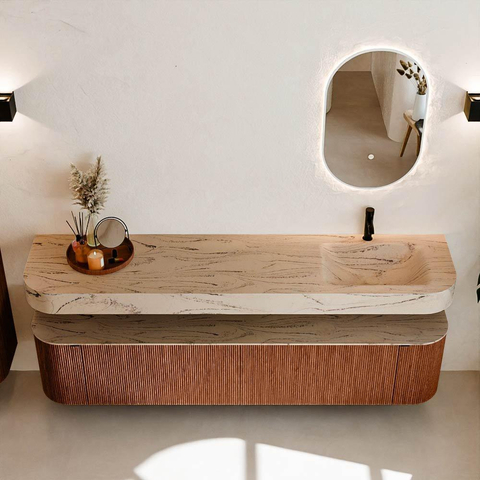 MONDIAZ THOR-DLUX 200cm meuble de salle de bains arrondi gauche + droite couleur Ruby avec 2 tiroirs et 2 portes. Vasque suspendue CLOUD Droite 1 trou de robinet couleur Arena. SW1467076