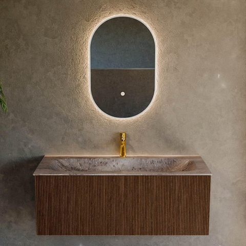 MONDIAZ KURVE-DLUX Meuble de salle de bains 110 cm couleur Walnut avec 1 tiroir et 0 porte. Lavabo BIG MEDIUM Central 1 trou de robinet Oza. SW1432446
