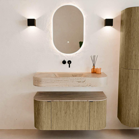 MONDIAZ THOR-DLUX 100cm meuble de salle de bains arrondi gauche + droite couleur Dusk avec 1 tiroir et 2 portes. Vasque suspendue CLOUD Milieu sans trou de robinet couleur Arena. SW1467452