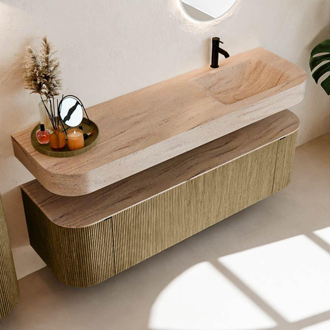 MONDIAZ THOR-DLUX 160cm meuble de salle de bains arrondi gauche + droite couleur Dusk avec 1 tiroir et 2 portes. Vasque suspendue CLOUD Droite 1 trou de robinet couleur Saba. SW1465336