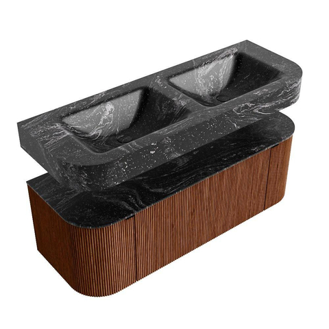 MONDIAZ THOR-DLUX 130cm meuble de salle de bains arrondi gauche + droite couleur Ruby avec 1 tiroir et 2 portes. Vasque suspendue CLOUD Double 2 trous de robinet couleur Lava. SW1463702