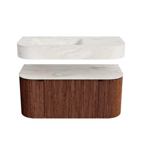 MONDIAZ THOR-DLUX 100cm meuble de salle de bains arrondi gauche + droite couleur Ruby avec 1 tiroir et 2 portes. Vasque suspendue CLOUD gauche sans trou de robinet couleur Ostra. SW1467435