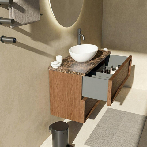 Saniclass Holz Frame Ensemble de meubles de salle de bains - 100x45x63cm - Plan de toilette en pierre naturelle Noche dark emperador - 1 trou de robinetterie - 2 tiroirs - walnut pure mat (bois) SW1579876