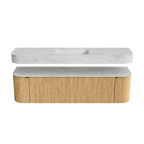 MONDIAZ THOR-DLUX Meuble de salle de bains 170cm arrondi gauche + droite couleur Oak avec 1 tiroir et 2 portes. Vasque suspendue CLOUD Milieu 1 trou de robinet couleur Opalo. SW1465431
