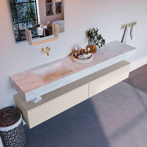 Mondiaz ALAN-DLUX Ensemble de meuble - 200cm - meuble Linen mat - 2 tiroirs - Lavabo Cloud Opalo suspendu - vasque Gauche - 0 trous de robinet SW806545
