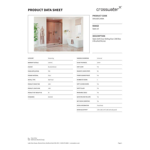 Crosswater Optix 10 Schuifdeur - zacht Sluitmechanisme - 140cm - gecoat geborsteld brons SW928097