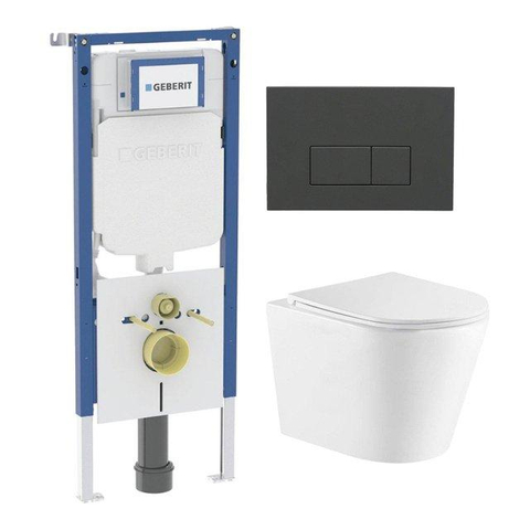 QeramiQ Dely Toiletset - 36.3x51.7cm - diepspoel - rimless - Geberit UP720 inbouwreservoir - softclose toiletzitting - bedieningsplaat antraciet mat - rechtehoekige knoppen - met Burda frame - glans wit SW1428213