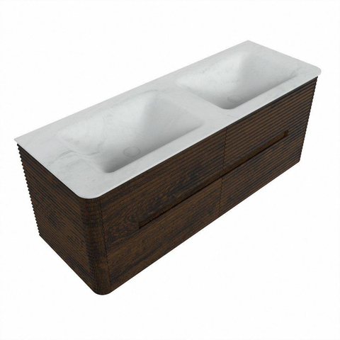 Mondiaz CIRO-DLUX Badkamermeubelset - 130x45x50cm - Solid surface wastafel Opalo - 2 wasbak Dubbel - 2 kraangaten - 4 lades - Walnut SW1530515