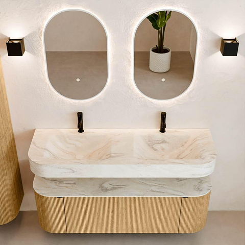 MONDIAZ THOR-DLUX 140cm badmeubel ronding links + rechts kleur Oak met 1 lade en 2 deuren. Vrijhangende wastafel CLOUD Dubbel 2 kraangaten kleur Ostra. SW1463919