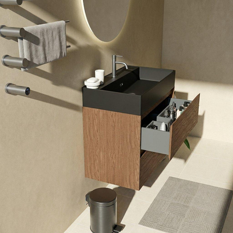 Saniclass Holz Pure Badkamermeubelset - 80x45x72cm - Legend keramische wastafel mat zwart - 1 wasbak - 1 kraangat - 2 lades - mat walnut pure (hout) SW1580184