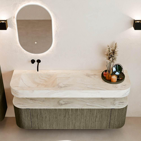 MONDIAZ THOR-DLUX 160cm meuble de salle de bains arrondi gauche + droite couleur Shadow avec 1 tiroir et 2 portes. Vasque suspendue CLOUD Gauche sans trou de robinet couleur Ostra. SW1465112