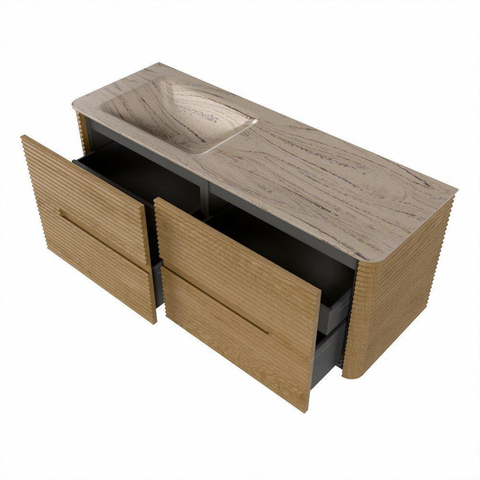 Mondiaz CIRO-DLUX Badkamermeubelset - 130x45x50cm - Solid surface wastafel Arena - 1 wasbak Links - zonder kraangaten - 4 lades - Oak SW1531344