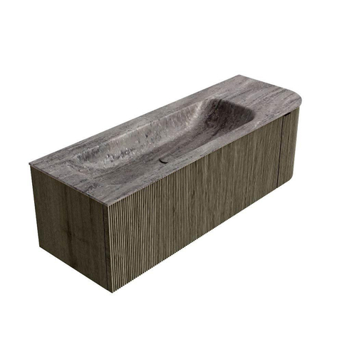 MONDIAZ KURVE-DLUX Meuble de salle de bains 135cm arrondi à droite couleur Shadow avec 1 tiroir et 1 porte. Plan-vasque BIG MEDIUM gauche 1 trou de robinet Oza. SW1432904