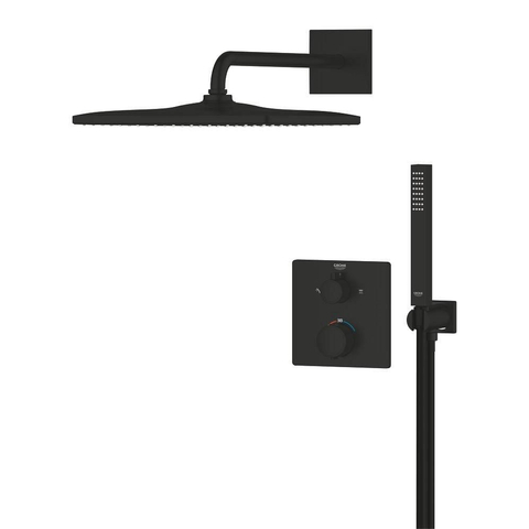Grohe Precision Thermostat Perfect Doucheset - hoofddouche vierkant - staafhanddouche - inclusief wandaansluitbocht - matte black (mat zwart) SW1440571