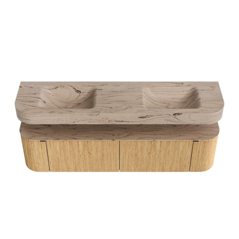 MONDIAZ THOR-DLUX 180cm meuble de salle de bains arrondi gauche + droite couleur Oak avec 2 tiroirs et 2 portes. Vasque suspendue CLOUD Double sans trou de robinet couleur Arena. SW1466140