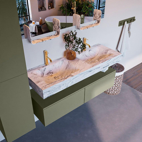Mondiaz ALAN-DLUX Ensemble de meuble - 130cm - meuble Army mat - 2 tiroirs - Lavabo Cloud Glace suspendu - vasque Gauche et droite - 2 trous de robinet SW806012
