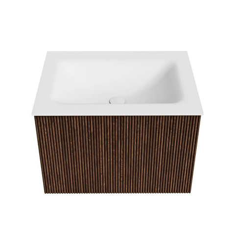 MONDIAZ KURVE Meuble de salle de bains 60 cm couleur Walnut avec 1 tiroir. Lavabo CLOUD central sans trou de robinet Talc. SW1138259