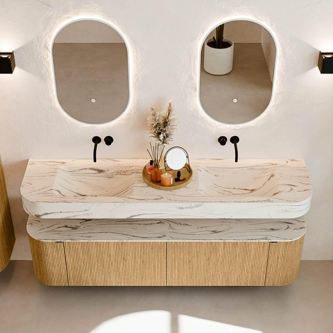 MONDIAZ THOR-DLUX 180cm meuble de salle de bains arrondi gauche + droite couleur Oak avec 2 tiroirs et 2 portes. Vasque suspendue CLOUD Double sans trou de robinet couleur Nata. SW1466188