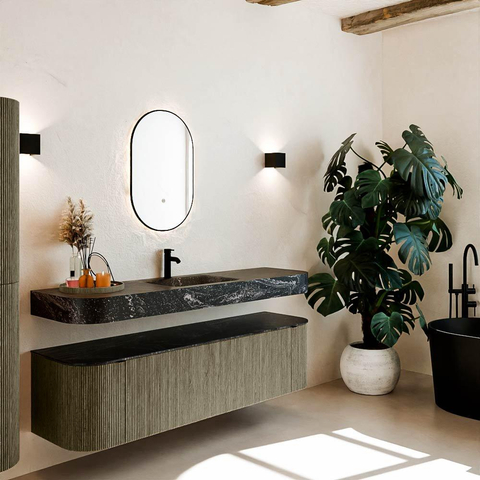MONDIAZ THOR-DLUX 170cm meuble de salle de bains arrondi gauche + droite couleur Shadow avec 1 tiroir et 2 portes. Vasque suspendue CLOUD Milieu 1 trou de robinet couleur Lava. SW1465516