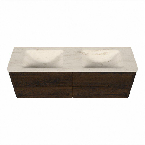 Mondiaz CIRO-DLUX Meuble de salle de bains - 150x45x50cm - Plan vasque solid surface Meli - 2 vasques Double - 2 trous de robinetterie - 4 tiroirs - Noyer SW1530516
