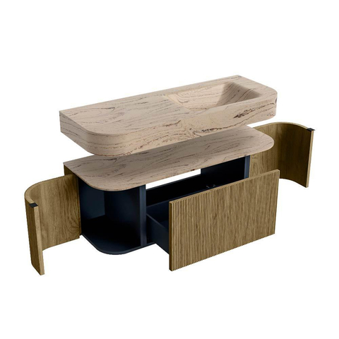 MONDIAZ THOR-DLUX 120cm meuble de salle de bains arrondi gauche + droite couleur Dusk avec 1 tiroir et 2 portes. Vasque suspendue CLOUD droite sans trou de robinet couleur Arena. SW1463408