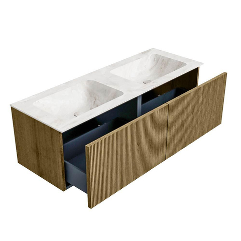 Mondiaz KURVE-DLUX Badkamermeubelset - 130x46x40cm - 2 lade - wastafel solid surface - dubbel - 2 kraangaten - Dusk SW1415014