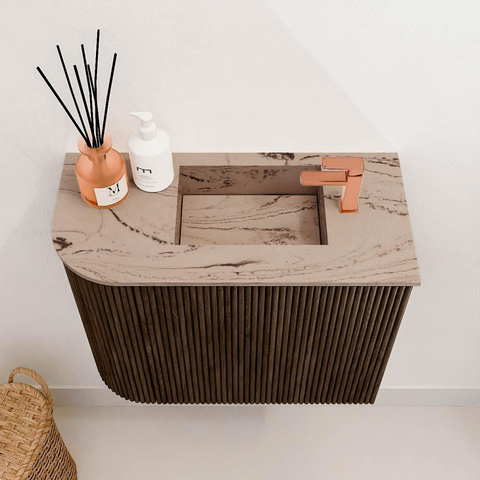 Mondiaz JOYA-DLUX 51.6cm toiletmeubel - ronding links kleur Walnut - Wastafel FAYE positie Rechts 1 kraangat kleur Arena. SW1424345
