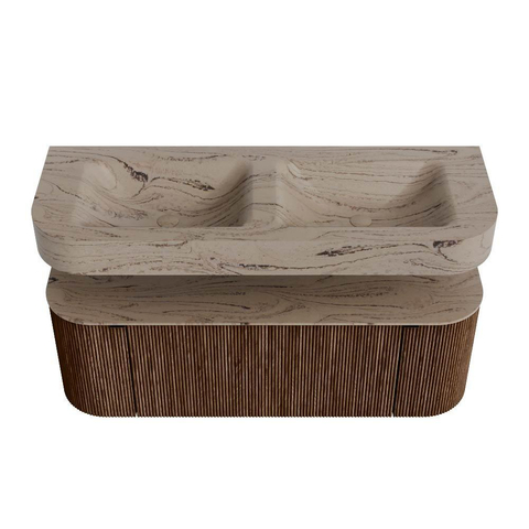MONDIAZ THOR-DLUX 130cm meuble de salle de bains arrondi gauche + droite couleur Walnut avec 1 tiroir et 2 portes. Vasque suspendue CLOUD Double sans trou de robinet couleur Arena. SW1463778