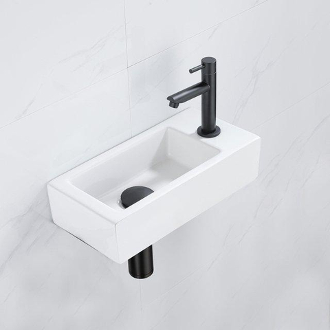 QeramiQ Fuente pack lave-mains – 37,5 x 18,5 x 9 cm – céramique blanc brillant – perçage à droite – robinet noir mat SW1232727