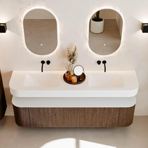 MONDIAZ THOR 180cm badmeubel ronding links + rechts kleur Walnut met 2 lades en 2 deuren. Vrijhangende wastafel CLOUD Dubbel zonder kraangat kleur Talc. SW1465942