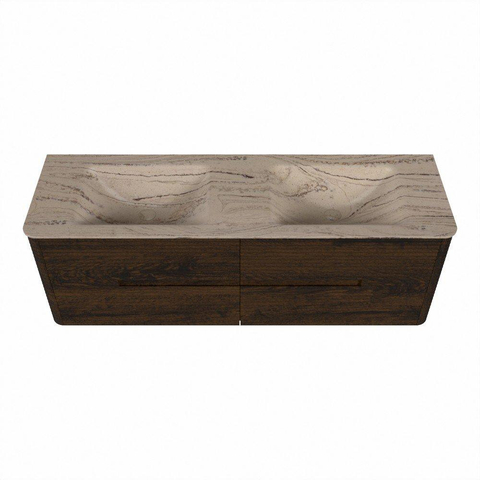 Mondiaz CIRO-DLUX Badkamermeubelset - 150x45x50cm - Solid surface wastafel Arena - 2 wasbak Dubbel - zonder kraangaten - 4 lades - Walnut SW1530441
