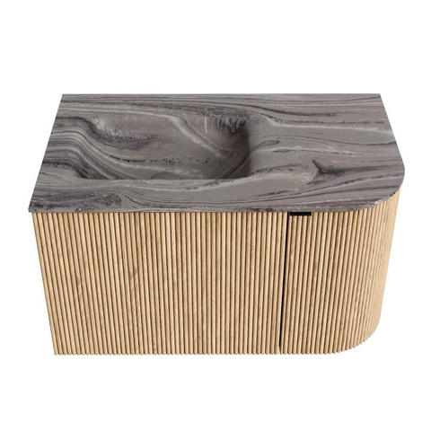 MONDIAZ KURVE-DLUX Meuble de salle de bains 75cm arrondi à droite couleur Oak avec 1 tiroir et 1 porte. Lavabo GRUNNE à gauche sans trou de robinet Sombra. SW1433525