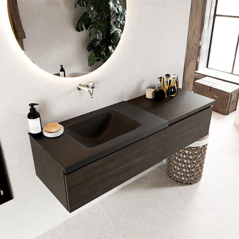 MONDIAZ BUKLA Meuble de salle de bains 140 cm avec module 60 couleur Dark Brown avec 2 tiroirs. Lavabo CLOUD gauche 0 trou de robinet couleur Urban. SW1381996
