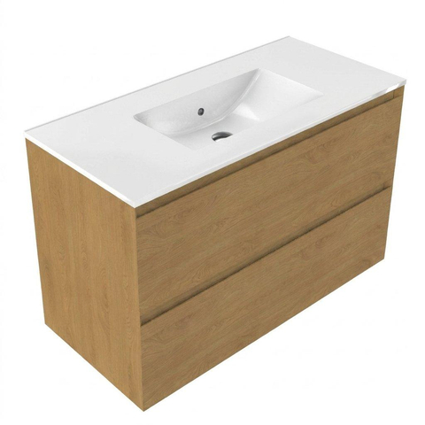 Saniclass Holz Pure Meuble de salle de bain - 100x45x60cm - lavabo en céramique blanc - 1 vasque - sans trous de robinet - 2 tiroirs - Chêne Natural SW1437767