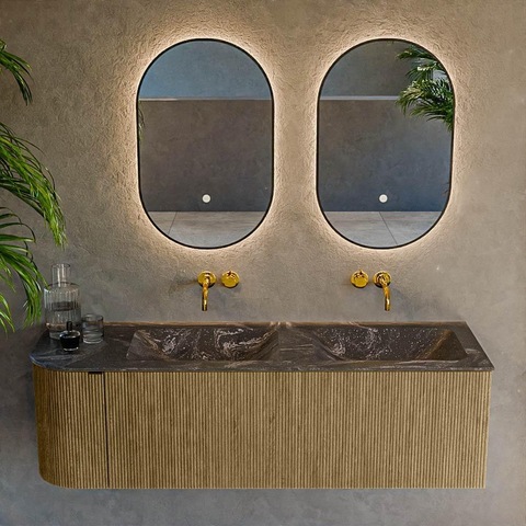 Mondiaz KURVE-DLUX Ensemble de meuble de salle de bains - 145x46x40cm - 1 tiroir - 1 porte - vasque solid surface - double / droite - sans trou de robinet - Dusk SW1415547